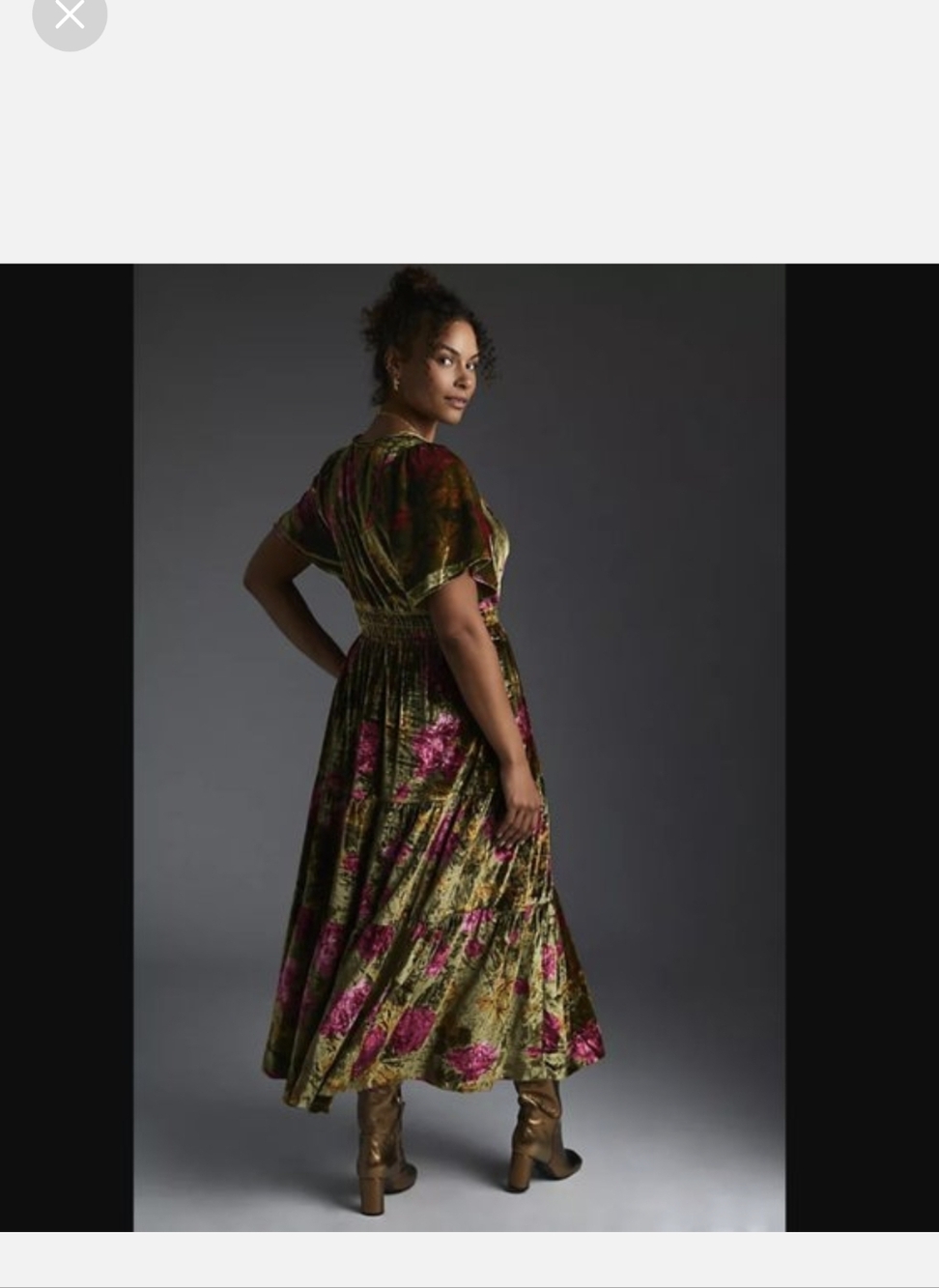 Anthropologie Olive Velvet High-Low Dress with Pink Floral Accents - Picture 2 of 6